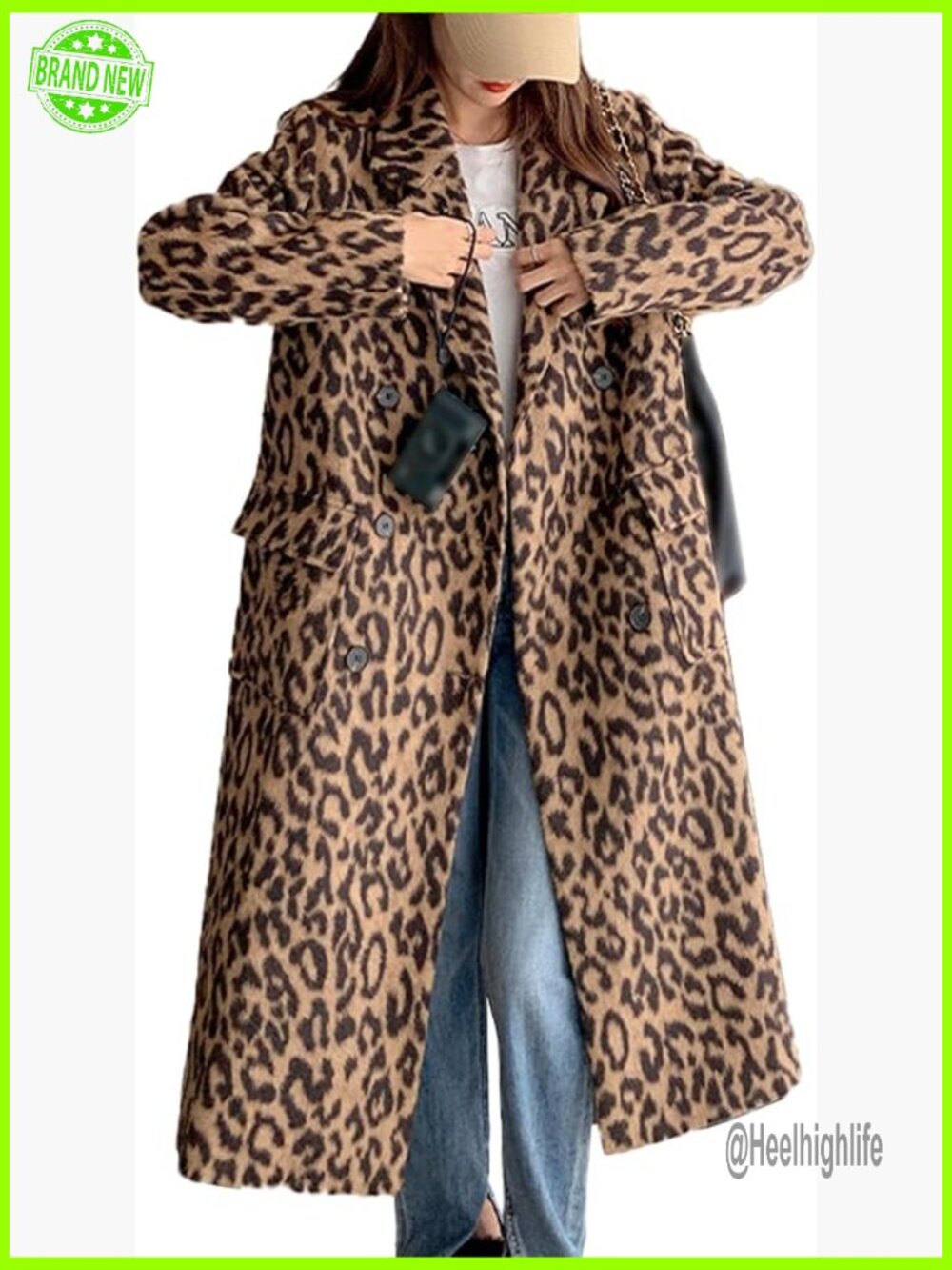 Leopard Print Long Trench Coat Double Breasted Pea Overcoat